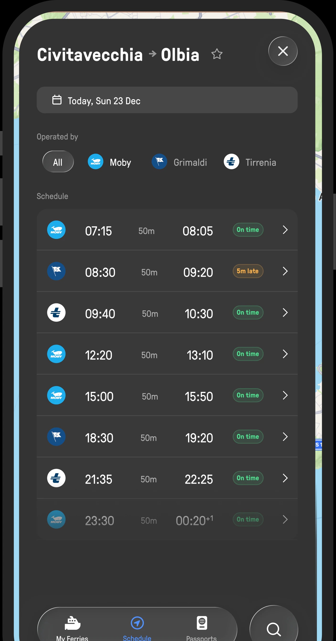 A day of sailings with departure times and on-time status