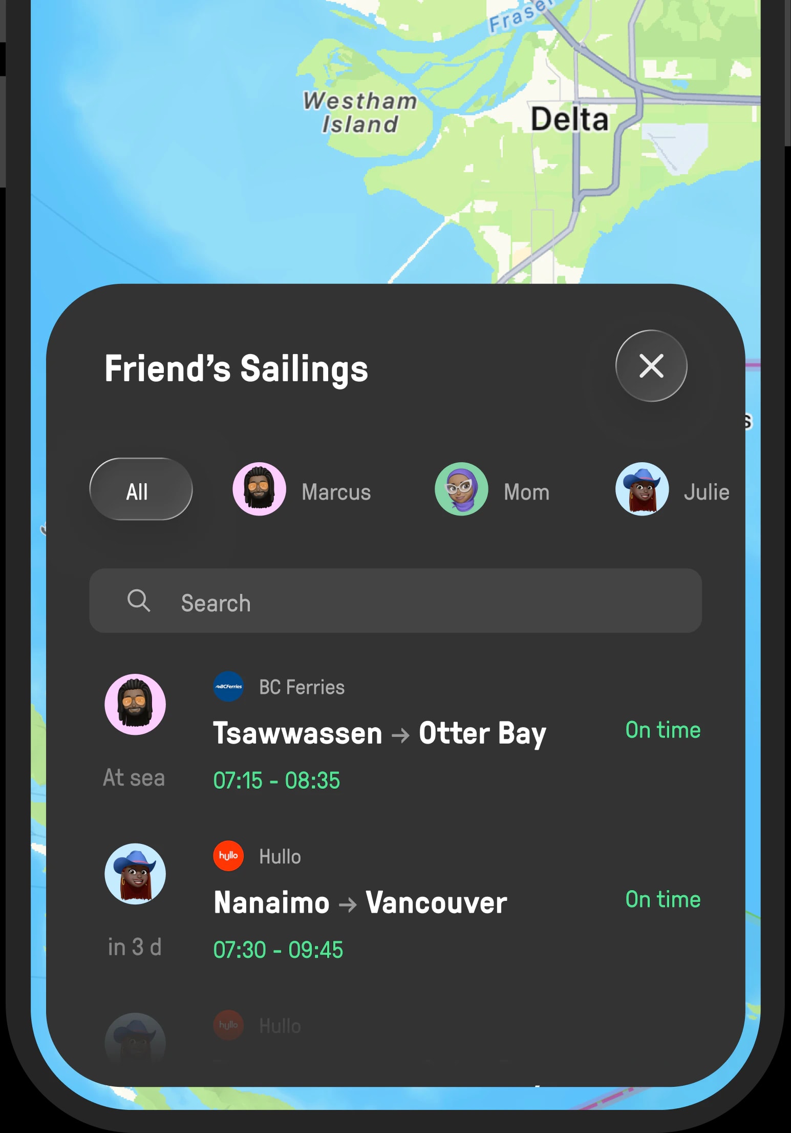 Sharing a ferry crossing link with friends and family